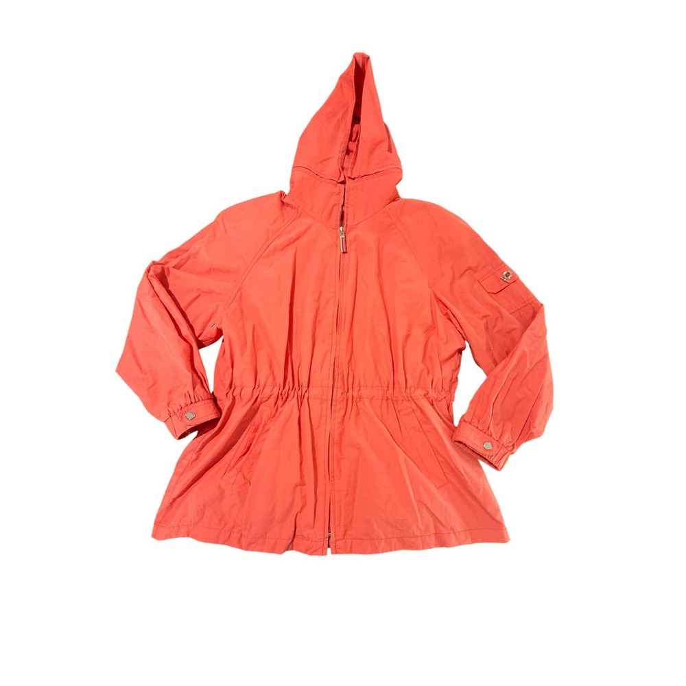 Larry Levine Sport Womens Coral Orange Hooded Windbreaker Jacket Size L Full Zip